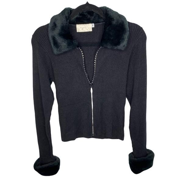 Cache Zip Embellished Vintage Ribbed Knit Y2K Sweater with Faux Fur Collar SizeM - Picture 1 of 6